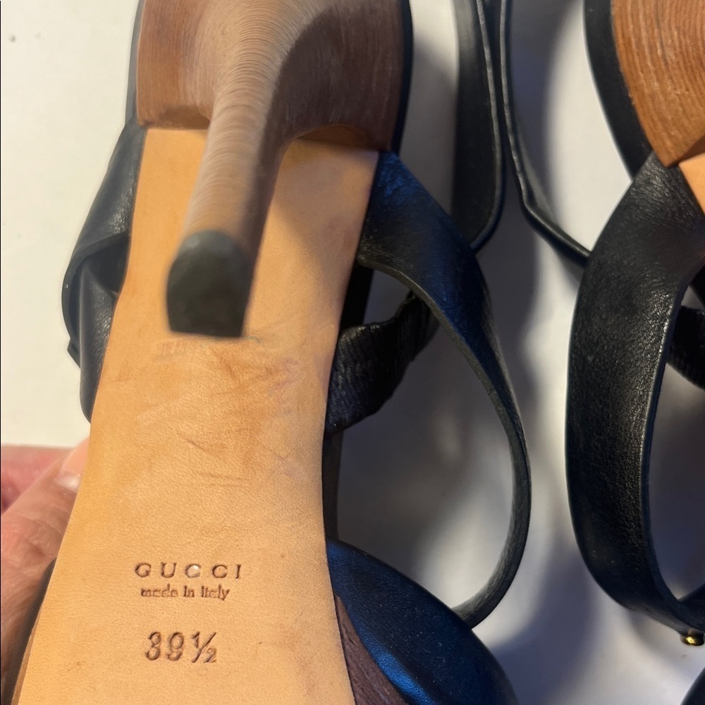 GUCCI GG Running Black Leather Platform Heels wood platform stacked heel sz 39.5 - Picture 9 of 16